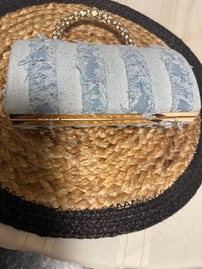 MiniDenim Fringe Clutch with Rhinestone Kiss Lock
Shoulder GoldChain included